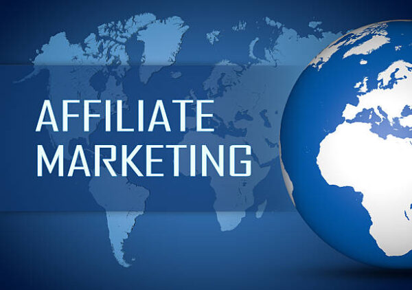 Affiliate Marketing concept with globe on blue world map background