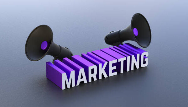 This 3D rendering showcases a large, bold "Marketing" text prominently displayed in the center. Flanking the text are megaphones on both sides, emphasizing the importance of spreading and amplifying marketing messages. The megaphones represent the power of effective communication and marketing strategy in reaching a broader audience. The design is intended to highlight the impact and prominence of marketing efforts.