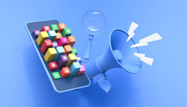 3D render, smartphone with colorful app icons, magnifying glass, megaphone, lightning bolts, blue background, digital marketing concept, social media, search optimization, mobile technology, vibrant colors, isometric view, minimalist design, clean aesthetic, technology illustration, app discovery, digital communication, flat icons, promotional tools, 3D modeling, soft shadows