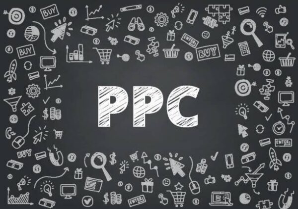 Pay Per Click vector concept. Set of hand drawn internet marketing items and elements on black chalkboard.
