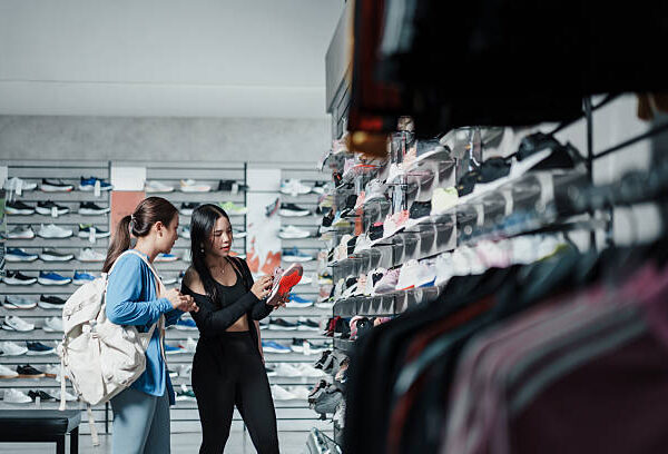 Two Asian women shopping for athletic shoes in sports store, choosing sneakers, examining product details, fitness fashion, healthy lifestyle, modern retail shopping, friendship.