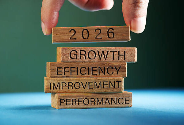 Business management related words growth, efficiency,improvement and performance on wooden blocks