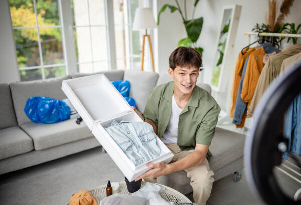 This image shows a person presenting an item they have unboxed in a stylish and modern home interior, with grey furniture and greenery enhancing the ambiance.