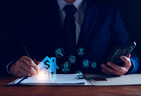 real estate investment concept, Real estate online on virtual screens. home search, land price, property tax, real estate market, buy house, location, energy efficiency rating and property value