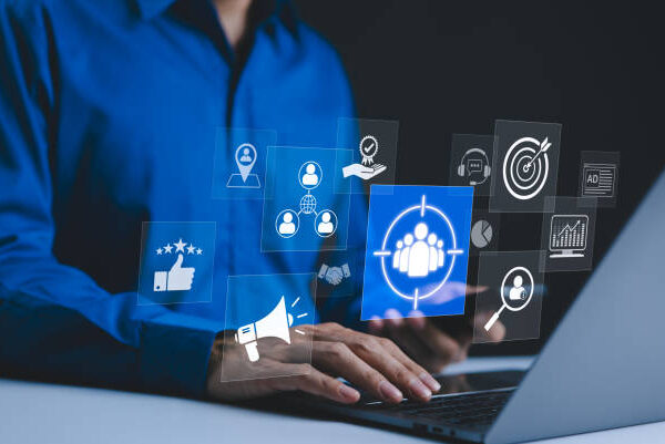 Customer Targeting and Engagement Concept. Icons representing customer targeting, engagement, and marketing strategies. Illustrate key aspects such as audience focus, communication, and feedback.