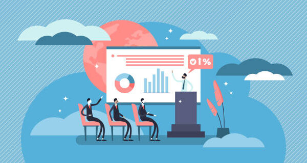 Upcoming digital marketing conferences 1 Conference vector illustration. Flat tiny presentation meeting persons concept. Office seminar and professional group teamwork to speech strategy and finance. Abstract employee audience discussion.