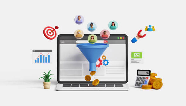 Lead generation, manage marketing targets, audience outreach concept. Convert audience into sales. CRO, conversion rate optimization. 3D laptop with marketing funnel and lead generation icons