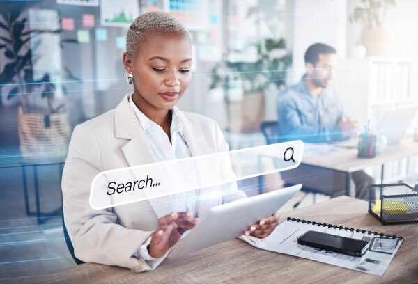 Woman, business and tablet search engine for information hologram, SEO graphic and iot research. Creative, worker and African employee on digital web technology, internet and office browsing overlay