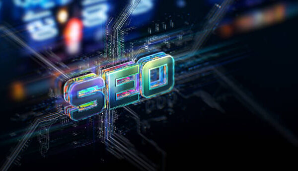 SEO concept on futuristic background. Digital connection and data transfers with defocused lights.